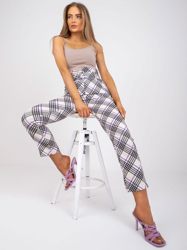 Fashionhunters Ecru-purple ladies plaid trousers