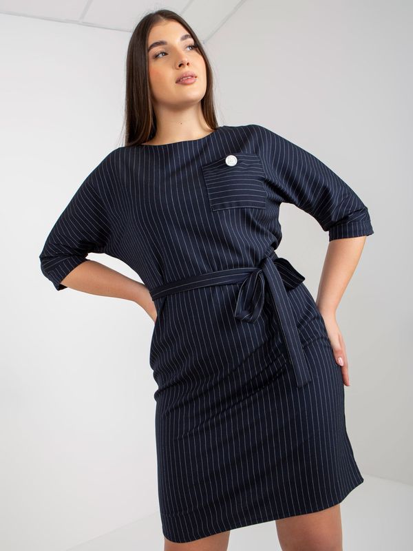 Fashionhunters Elegant dark blue striped dress size plus with tie