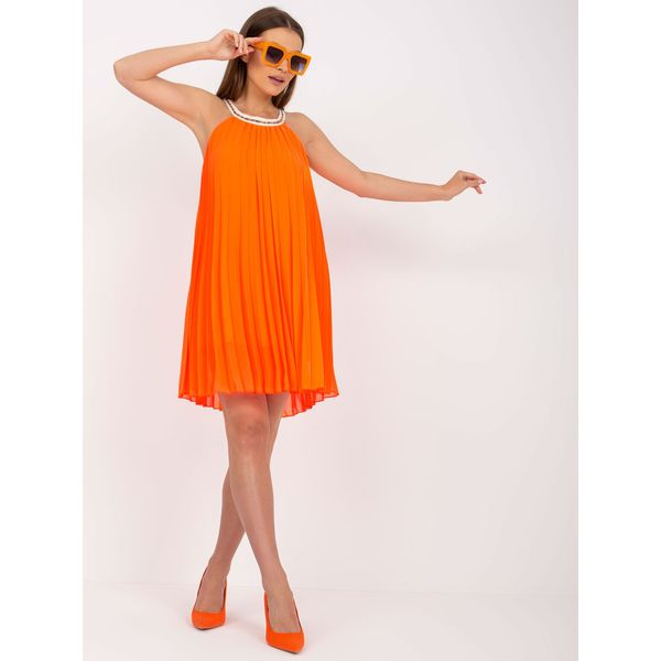 Fashionhunters Fluo orange airy one size dress with pleating