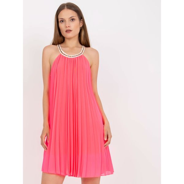 Fashionhunters Fluo pink one size pleated dress with straps