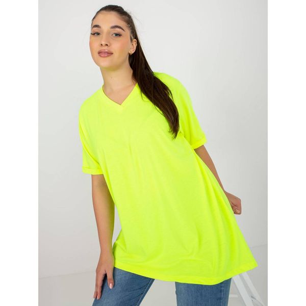 Fashionhunters Fluo yellow smooth plus size blouse with a neckline