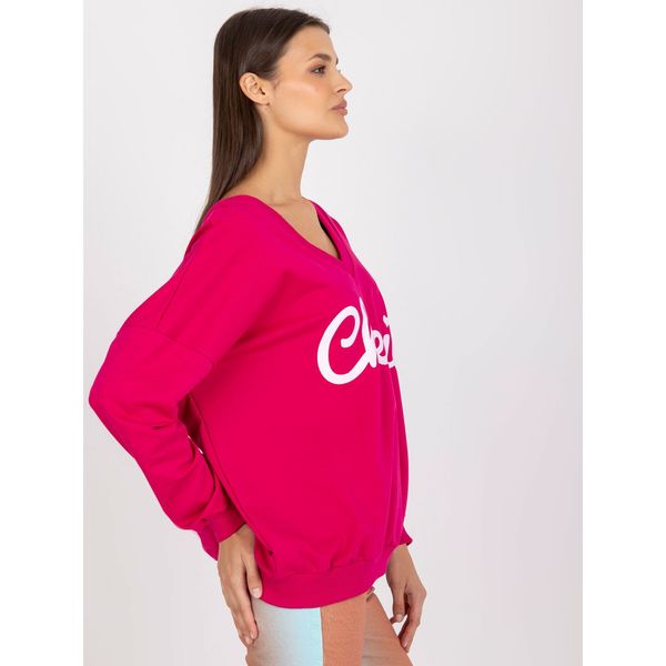 Fashionhunters Fuchsia and white loose-fitting printed sweatshirt with long sleeves