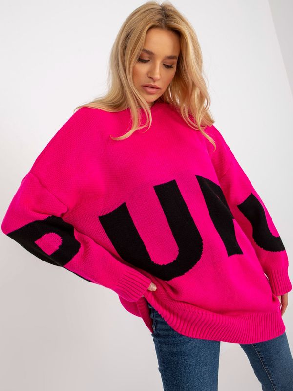 Fashionhunters Fuchsia long oversize sweater with RUE PARIS inscription