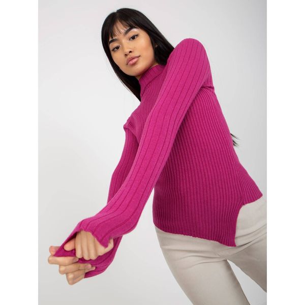 Fashionhunters Fuchsia ribbed asymmetrical sweater with a stand-up collar