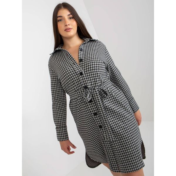 Fashionhunters Gray and black plus size shirt dress with a tie