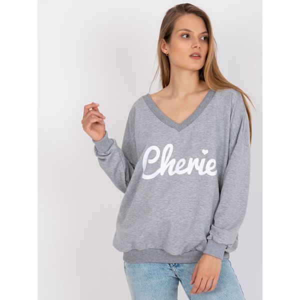 Fashionhunters Gray and white oversize sweatshirt with a print and a V-neck