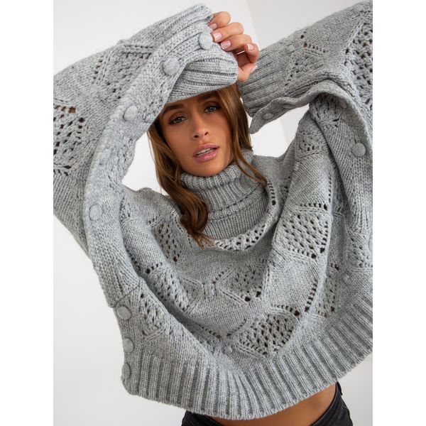 Fashionhunters Gray openwork turtleneck sweater with wide sleeves