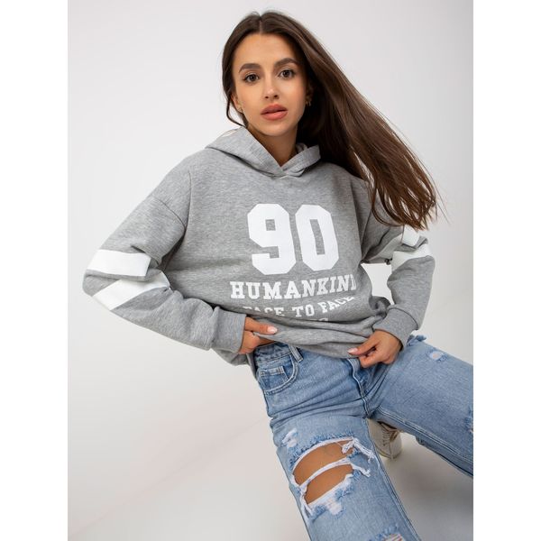 Fashionhunters Gray women's sweatshirt with a hood and a print