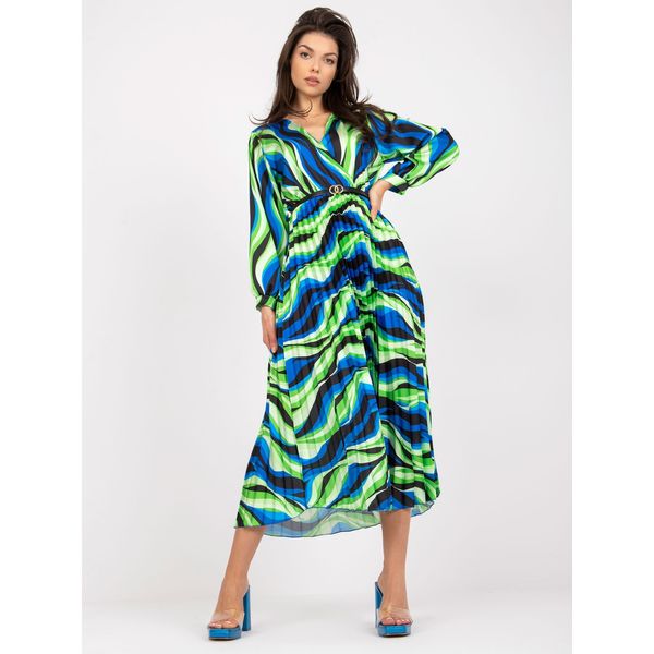 Fashionhunters Green and blue pleated dress with prints and a belt