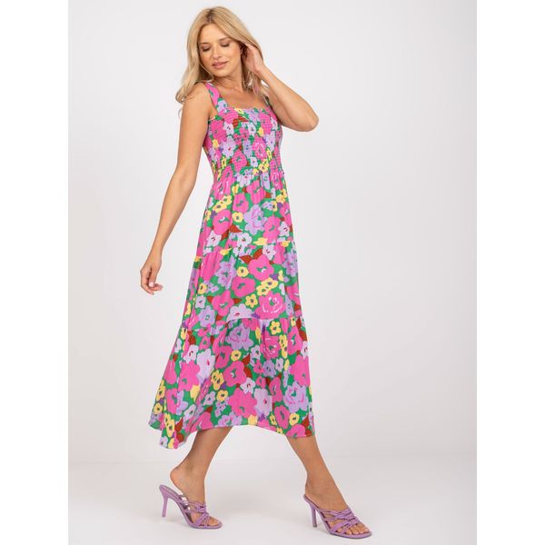 Fashionhunters Green and purple long dress with floral patterns with a frill RUE PARIS
