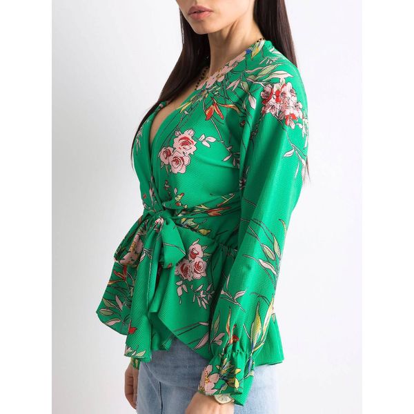 Fashionhunters Green floral blouse with a frill