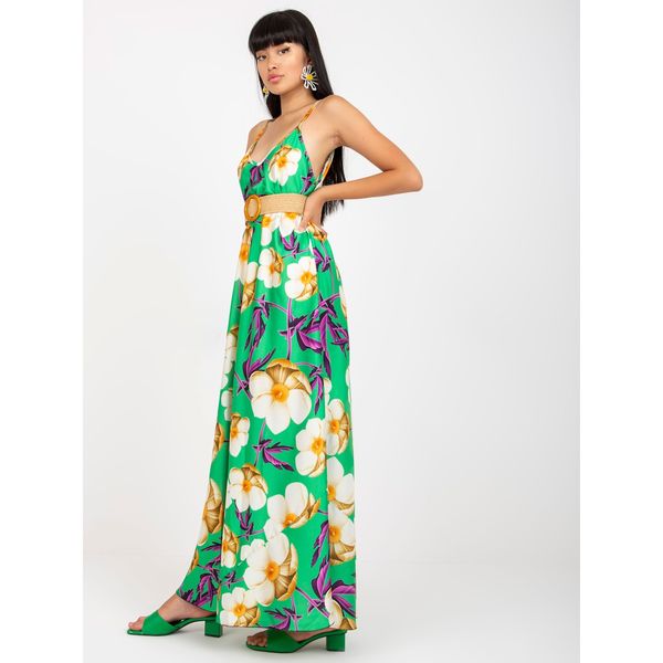 Fashionhunters Green floral maxi dress with a braided belt