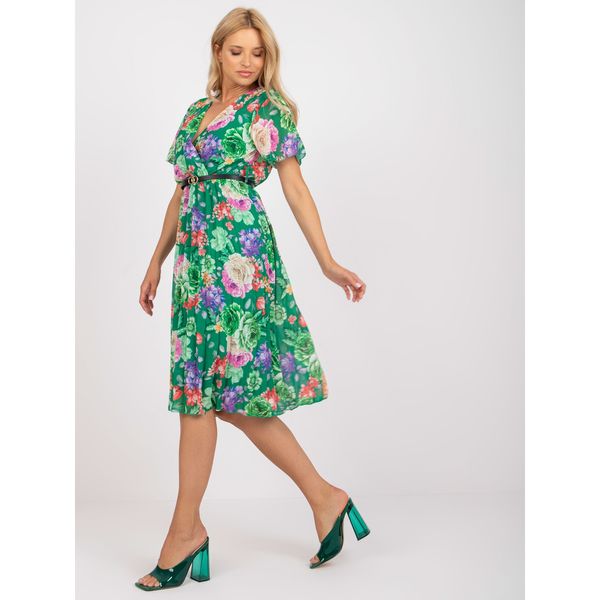 Fashionhunters Green pleated midi dress with floral prints