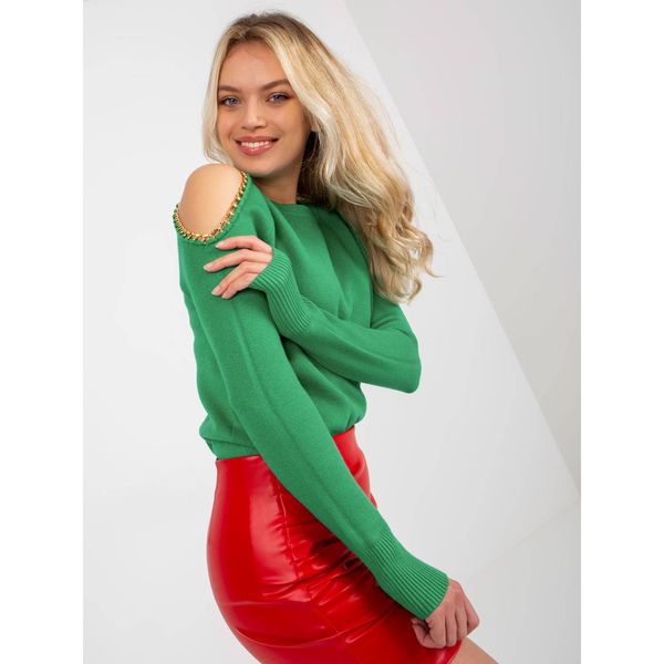 Fashionhunters Green sweater with off shoulders and chains
