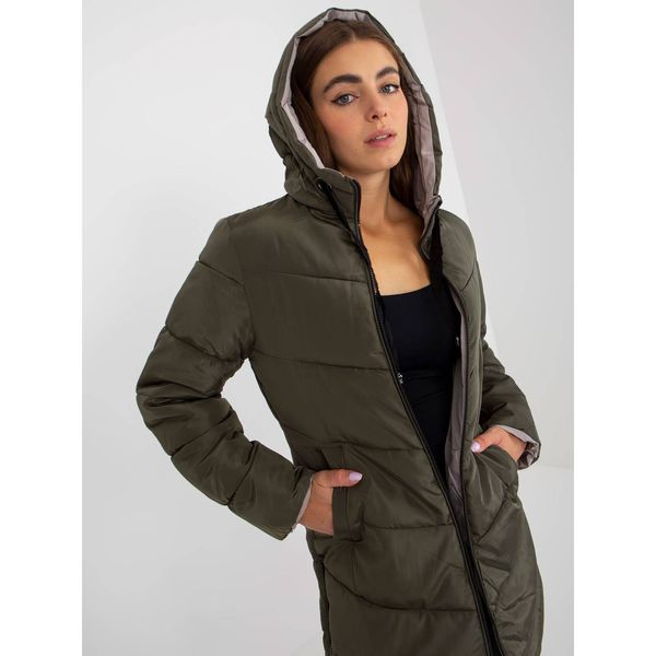 Fashionhunters Khaki-beige reversible winter jacket with a hood