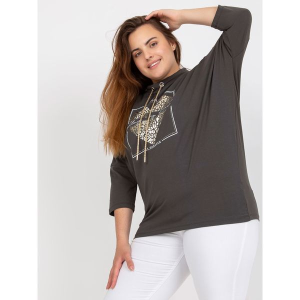 Fashionhunters Khaki cotton blouse plus size with an application