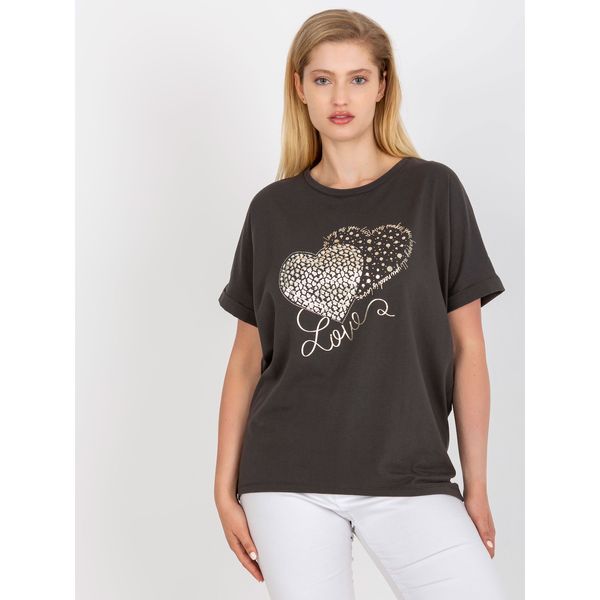 Fashionhunters Khaki cotton plus size t-shirt with an application of rhinestones