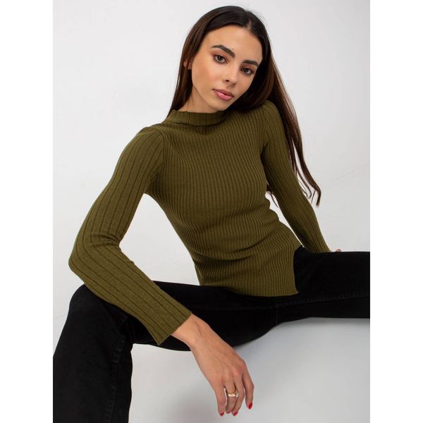 Fashionhunters Khaki fitted asymmetrical ribbed sweater