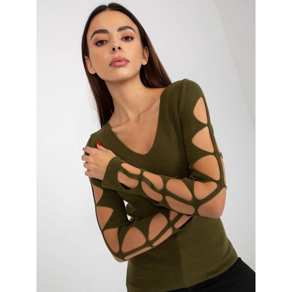 Fashionhunters Khaki fitted classic sweater with a neckline