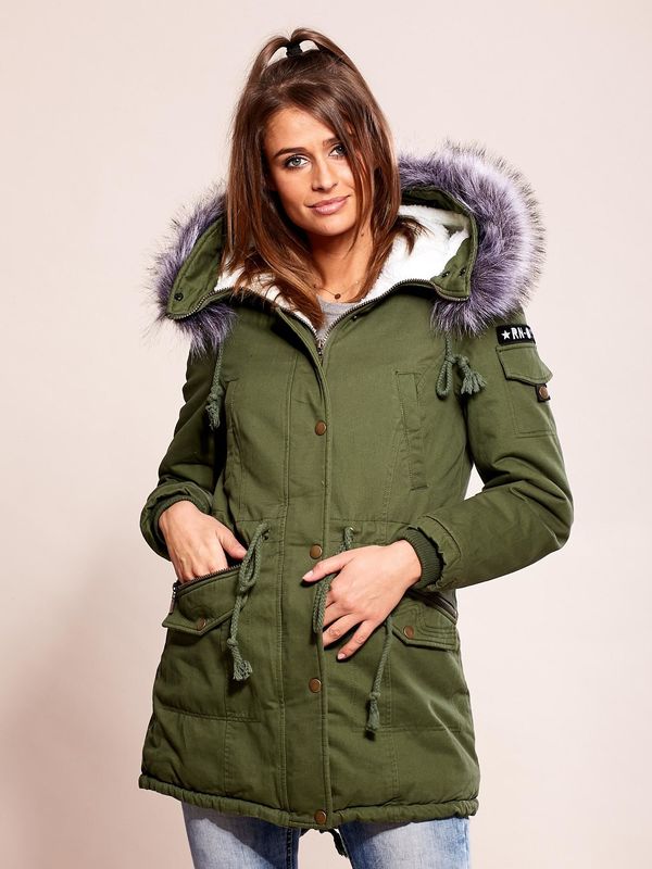 Fashionhunters Khaki insulated parka jacket with fur