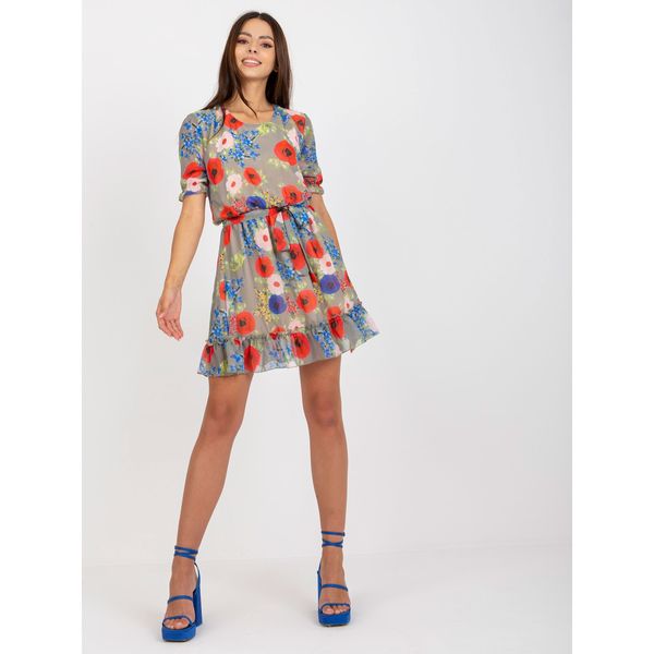 Fashionhunters Khaki mini dress in flowers with short sleeves Blake