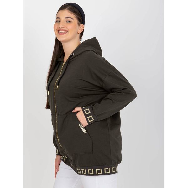 Fashionhunters Khaki plus size zipped sweatshirt with pockets and hood