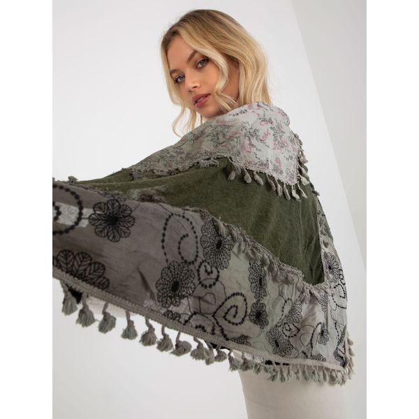 Fashionhunters Khaki women's scarf with floral patterns