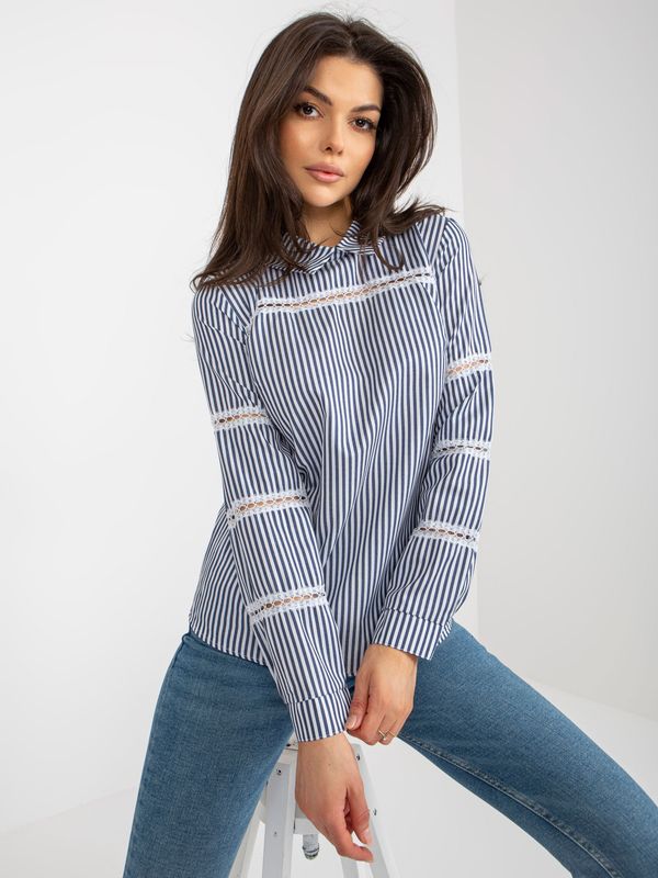 Fashionhunters Lady's dark blue and white striped shirt with lace