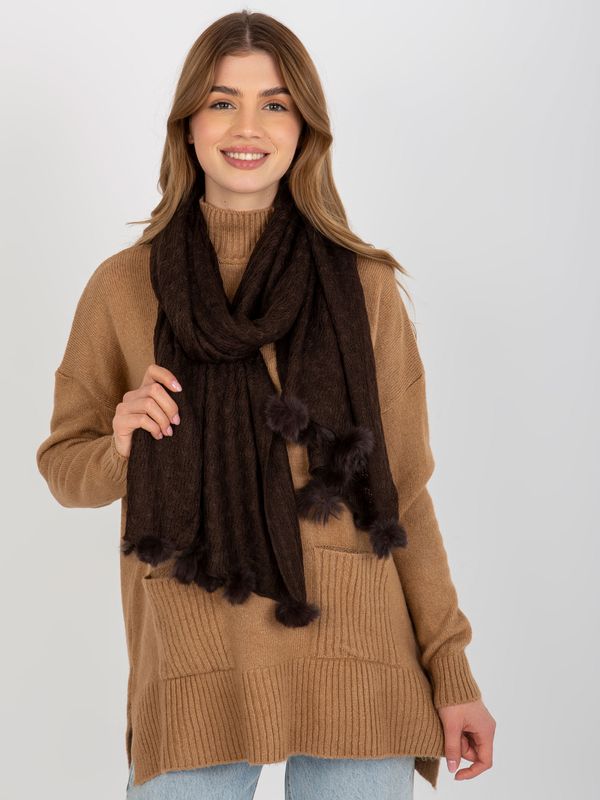 Fashionhunters Lady's dark brown openwork scarf with pom-poms
