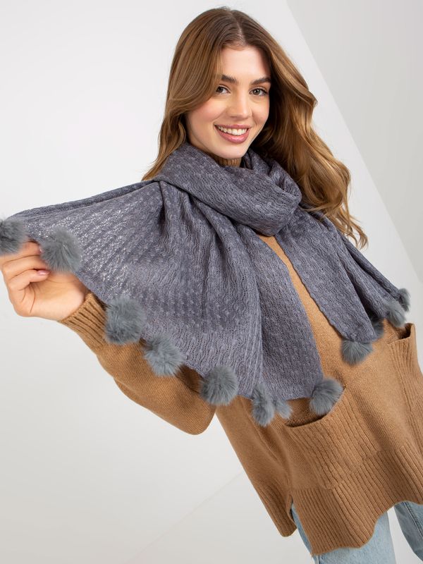 Fashionhunters Lady's gray openwork scarf with pom-poms
