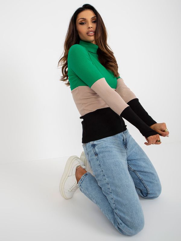 Fashionhunters Lady's green-black ribbed blouse with turtleneck