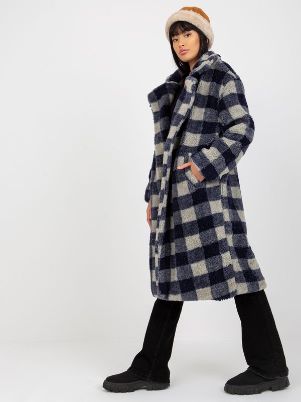 Fashionhunters Lady's plaid fur coat in dark blue and gray