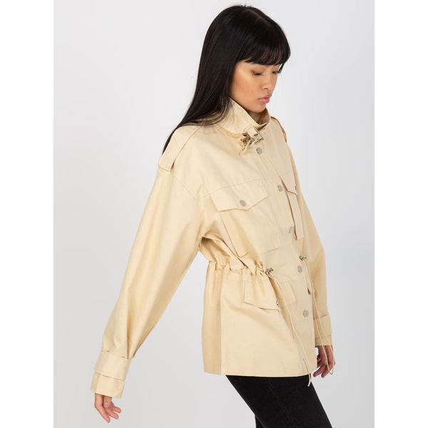 Fashionhunters Light beige cotton transitional jacket with ribbing
