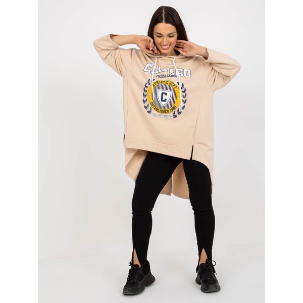 Fashionhunters Light beige long hoodie with a printed design