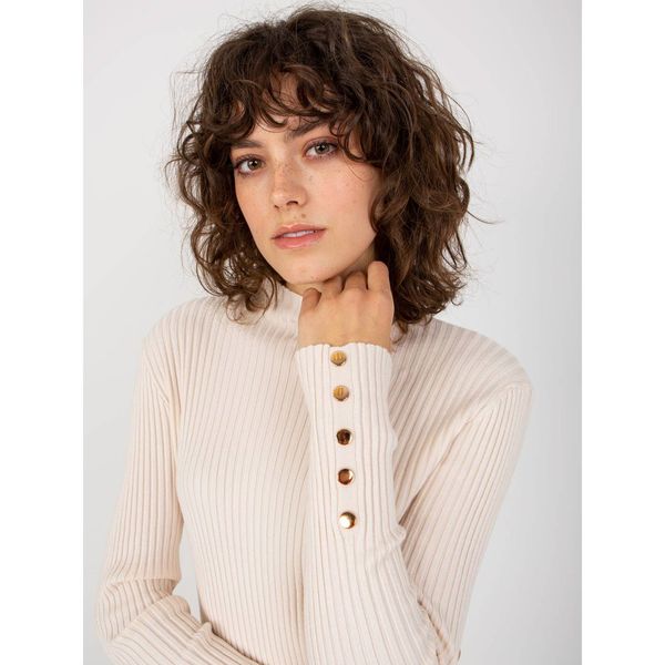 Fashionhunters Light beige ribbed sweater with a stand-up collar with viscose