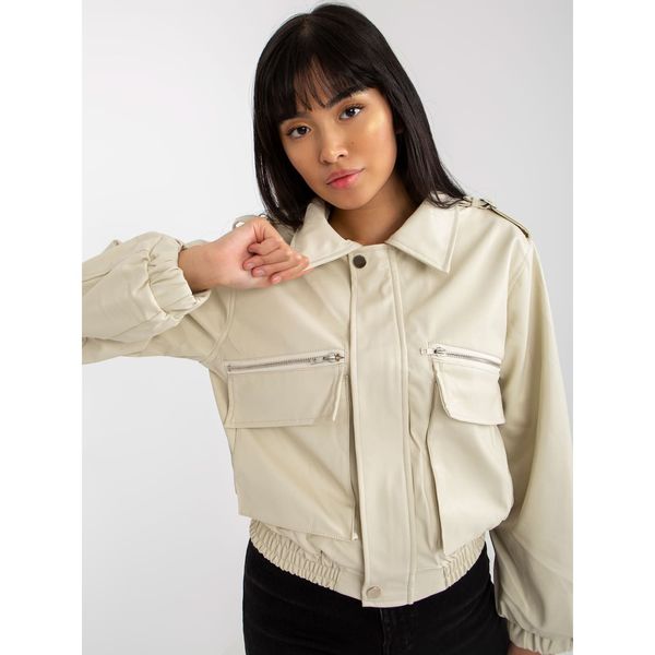 Fashionhunters Light beige short eco-leather jacket with a collar