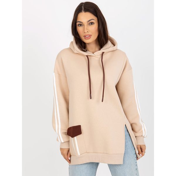 Fashionhunters Light beige sweatshirt with a hood and stripes