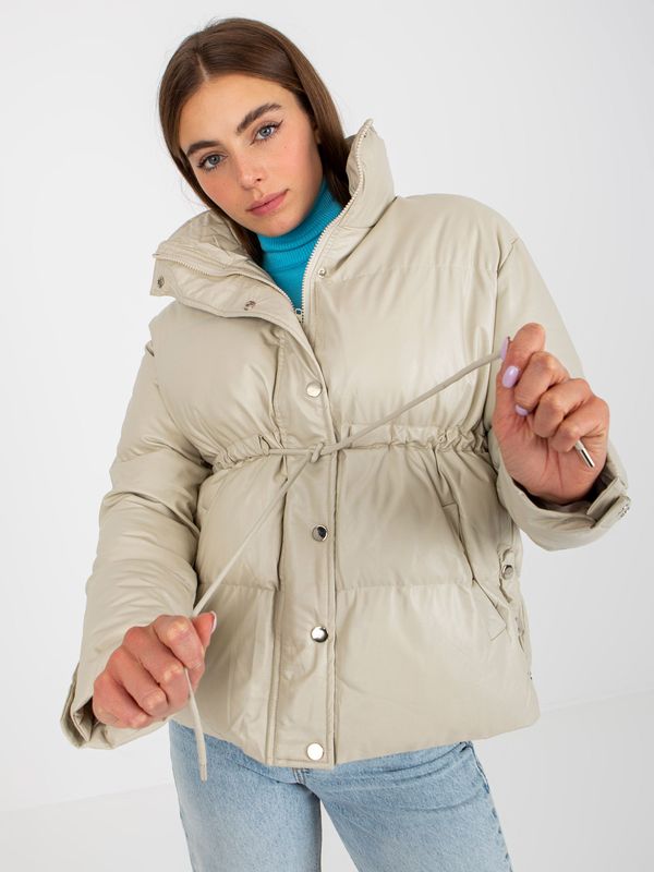 Fashionhunters Light beige winter eco-leather jacket with stitching