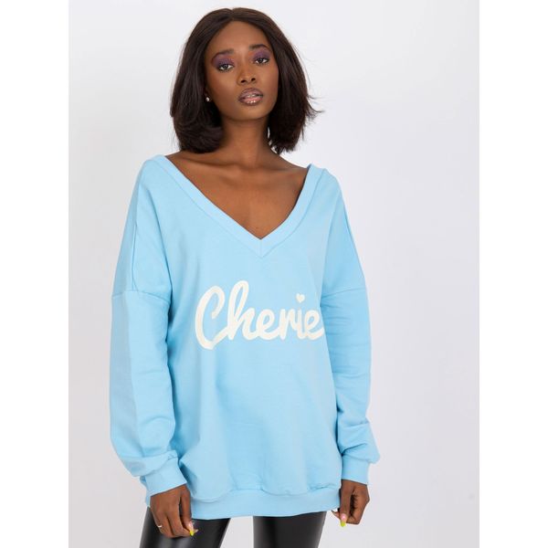 Fashionhunters Light blue and white printed sweatshirt with a V-neck