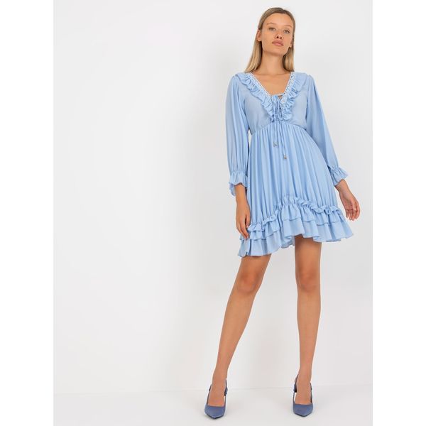 Fashionhunters Light blue boho mini dress with a frill OH BELLA