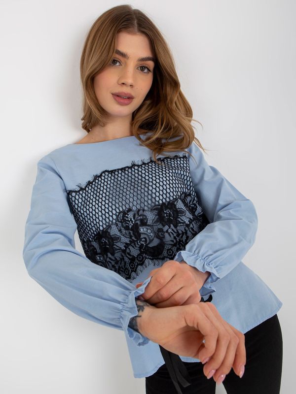 Fashionhunters Light blue cotton formal blouse with lace