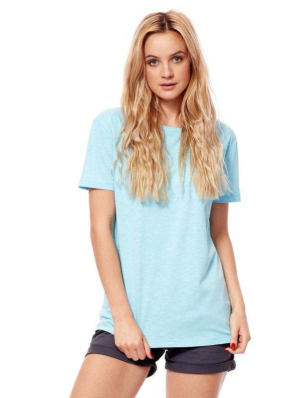 Fashionhunters Light blue T-shirt with neckline at back