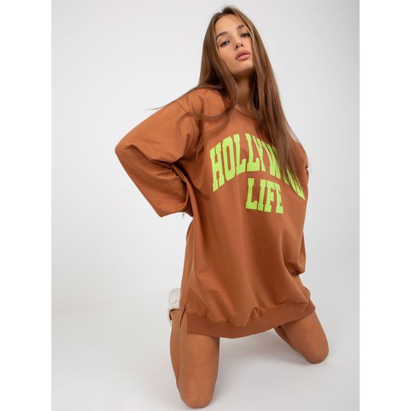 Fashionhunters Light brown and green long sweatshirt with an inscription