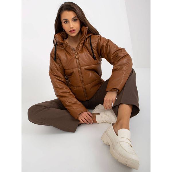 Fashionhunters Light brown faux leather down jacket with a hood
