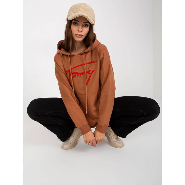 Fashionhunters Light brown long patch kangaroo sweatshirt with a hood