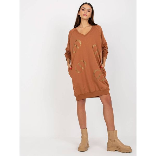 Fashionhunters Light brown one size long sweatshirt with rhinestones appliqué