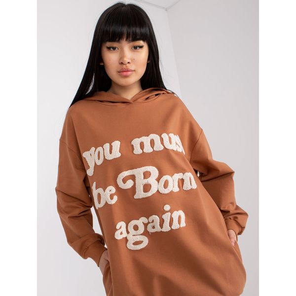 Fashionhunters Light brown oversized sweatshirt with a hood and text