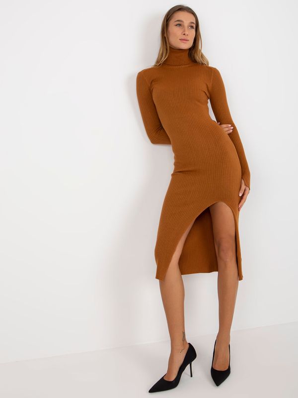 Fashionhunters Light brown ribbed knitted dress with turtleneck