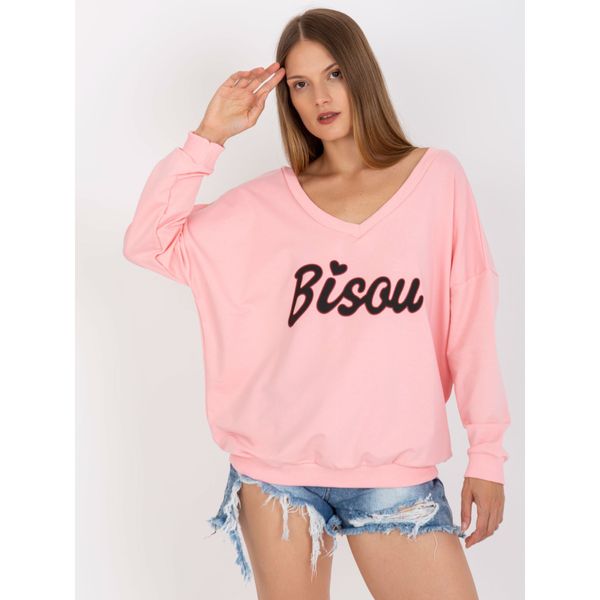 Fashionhunters Light pink and black sweatshirt with a printed design and a V-neck