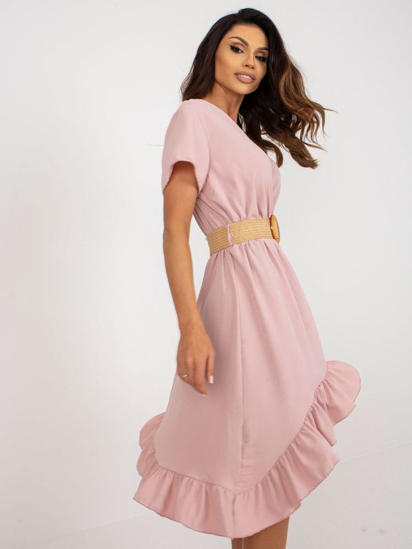 Fashionhunters Light pink dress with frill and belt